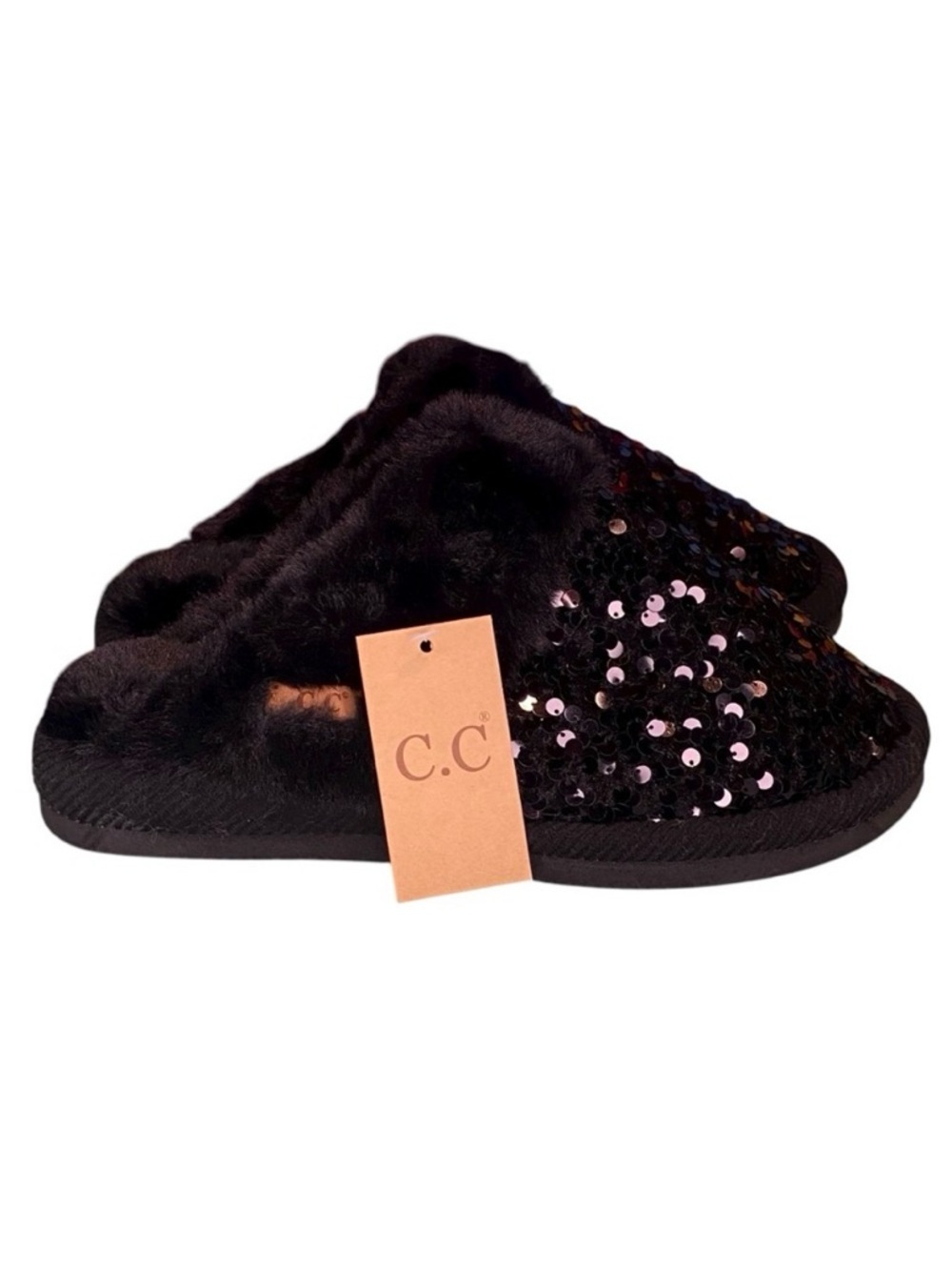 CC Sequin Slippers Black Womens Size 6-8 S-M NWT New Slides Shoes Faux Fur